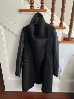 Mackage Black Draped Wool Coat with Leather Sleeves